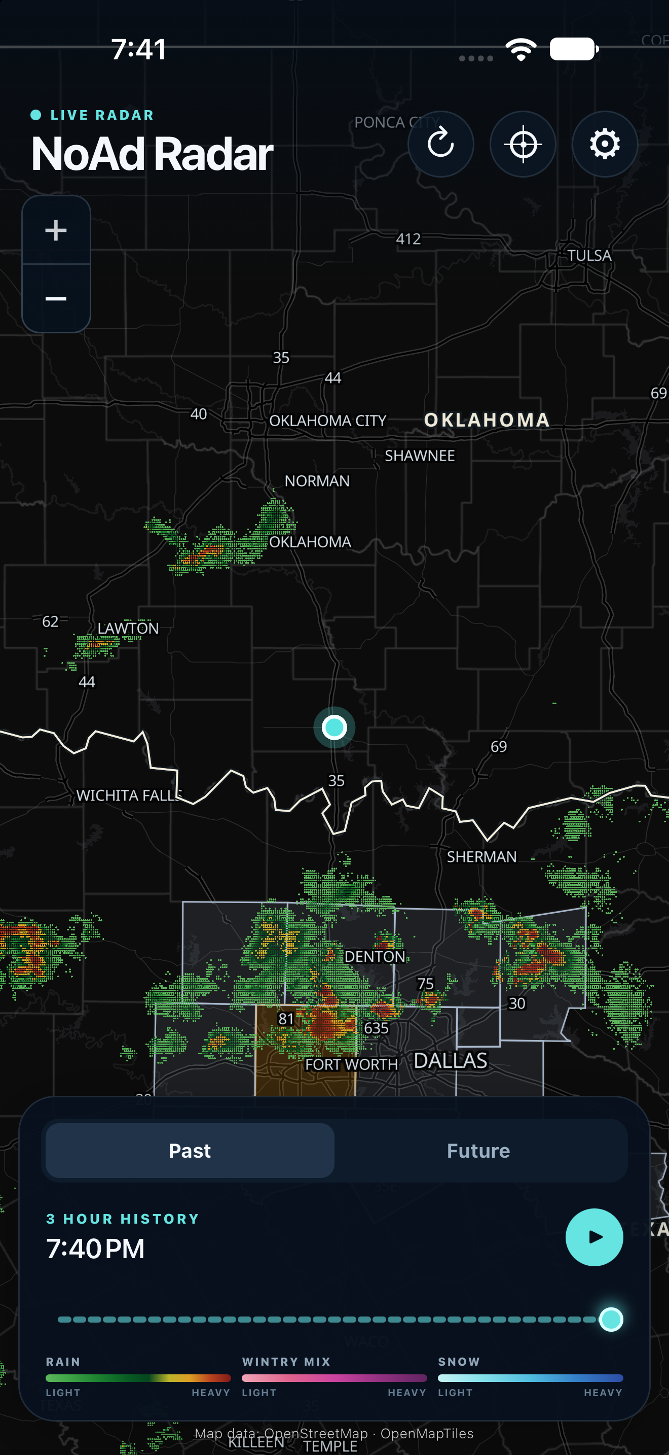 NoAd Radar showing precipitation near Dallas and Oklahoma, with the past and future timeline below.